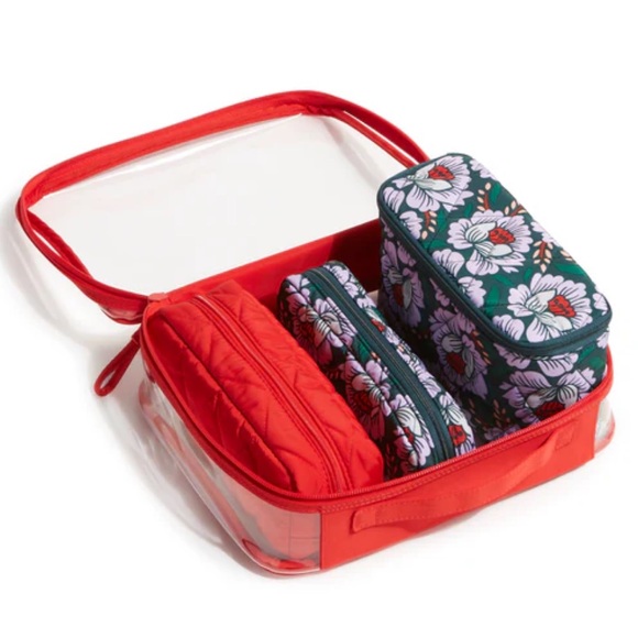 NWT Vera Bradley 4-Piece Satin Texture Cosmetics Makeup Travel Bag Set Red Green - Picture 3 of 6